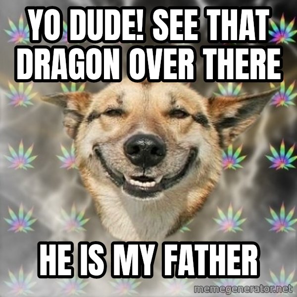 Stoner Dog meme: yo dude! see that dragon over there / he is my father