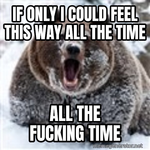 Clean Cocaine Bear meme: if only i could feel this way all the time / all the fucking time