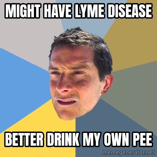Bear Grylls meme: Might have Lyme Disease / better drink my own pee