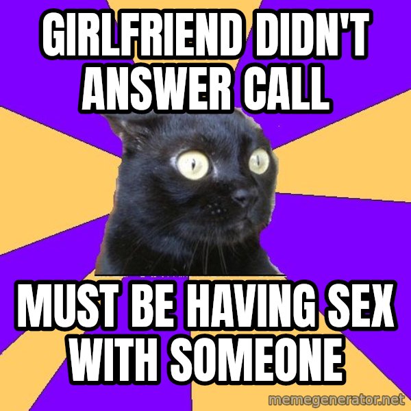 Anxiety Cat meme: GIRLFRIEND DIDN'T ANSWER CALL / MUST BE HAVING SEX WITH SOMEONE