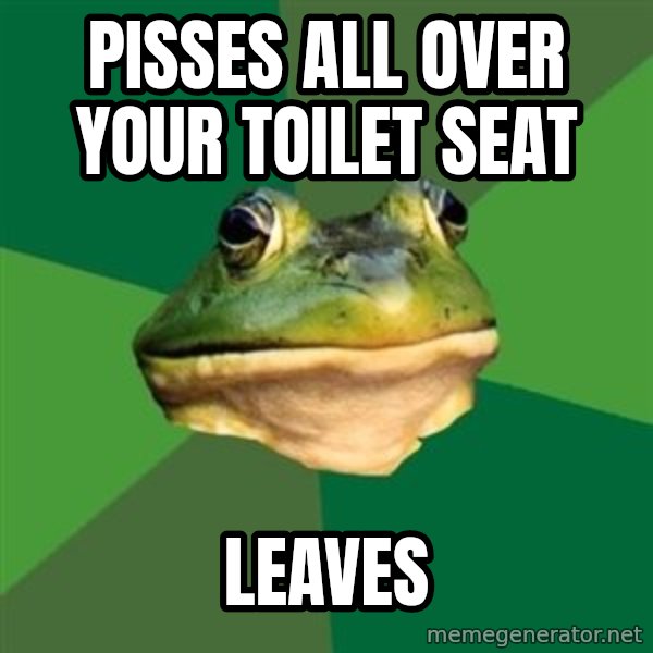 Foul Bachelor Frog meme: Pisses All OVer your toilet seat / leaves