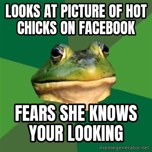 Foul Bachelor Frog meme: looks at picture of hot chicks on facebook / fears she knows your looking