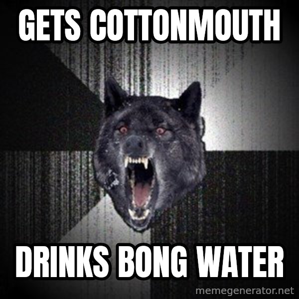 Insanity Wolf meme: gets cottonmouth / drinks bong water