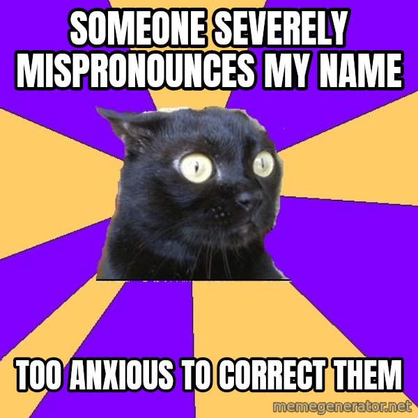 Anxiety Cat meme: someone severely mispronounces my name / too anxious to correct them