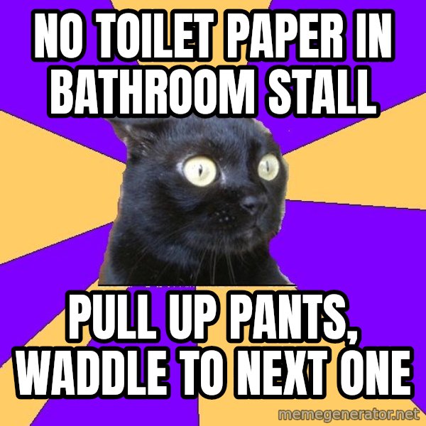 Anxiety Cat meme: no toilet paper in bathroom stall / pull up pants, waddle to next one