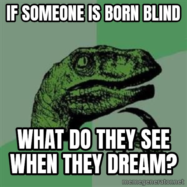 Philosoraptor meme: if someone is born blind / what do they see when they dream?