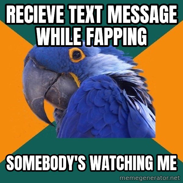 Paranoid Parrot meme: recieve text message while fapping / somebody's watching me