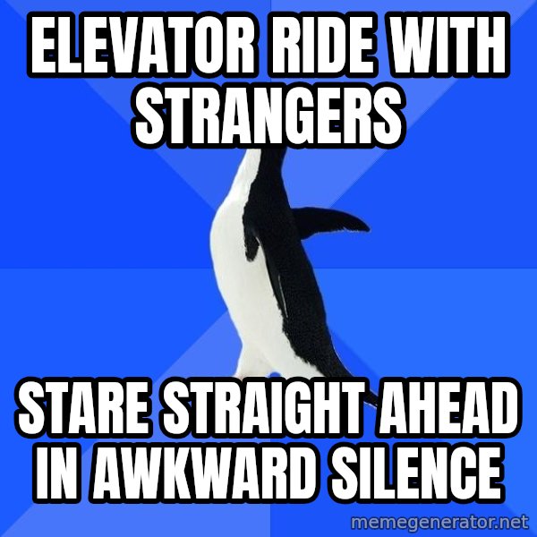 Socially Awkward Penguin meme: Elevator ride with strangers / stare straight ahead in awkward silence