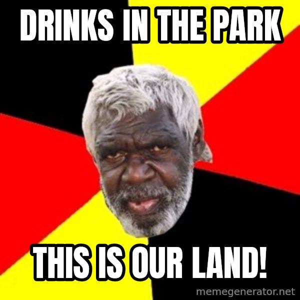 Aboriginal meme: drinks in the park / this is our land!
