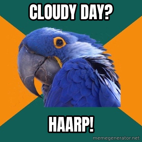 Paranoid Parrot meme: cloudy day? / Haarp!