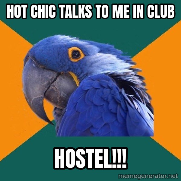 Paranoid Parrot meme: hot chic talks to me in club / hostel!!!