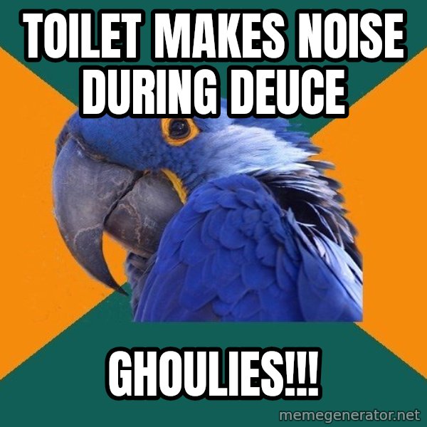 Paranoid Parrot meme: toilet makes noise during deuce / ghoulies!!!