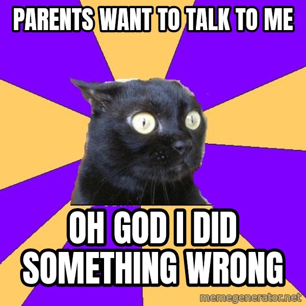 Anxiety Cat meme: Parents want to talk to me / Oh god I did something wRong