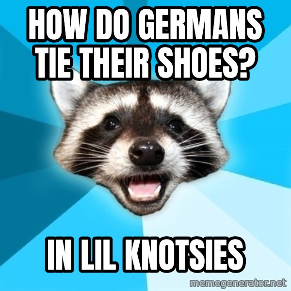 Lame Pun Coon meme: how do germans tie their shoes? / in lil knotsies