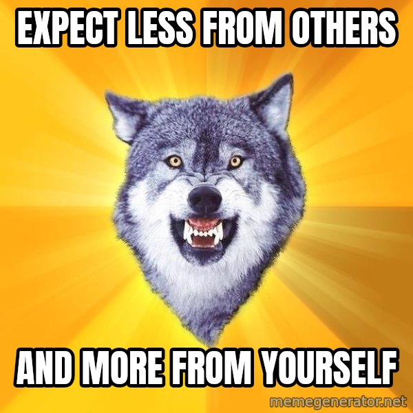 Courage Wolf meme: EXPECT LESS FROM OTHERS / AND MORE FROM YOURSELF