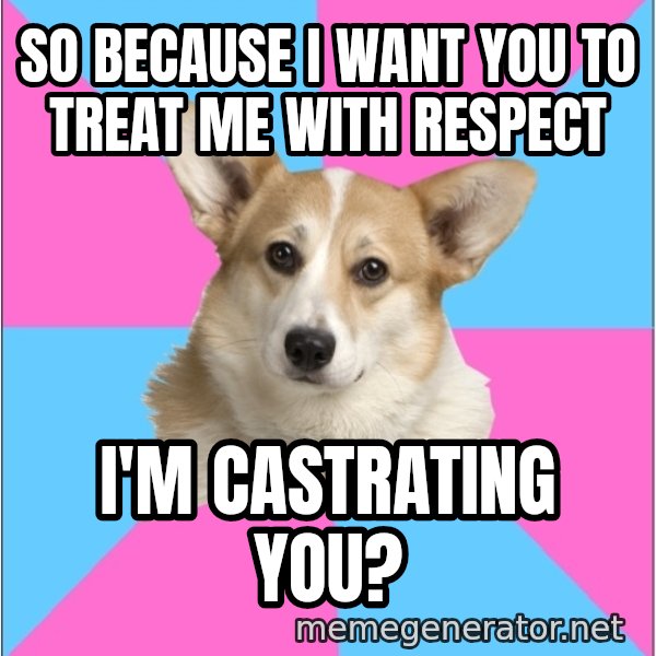 Critical Feminist Corgi meme: so because i want you to treat me with respect / i'm castrating you?