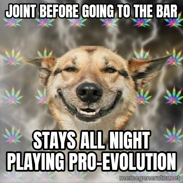Stoner Dog meme: Joint before going to the bar / stays all night playing pro-evolution