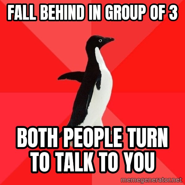 Socially Awesome Penguin meme: Fall behind in group of 3 / both people turn to talk to you