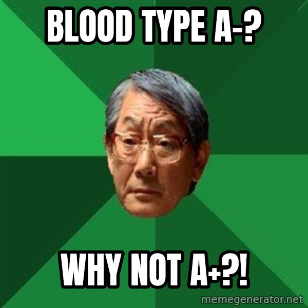High Expectations Asian Father meme: Blood type A-? / WHY NOT A+?!