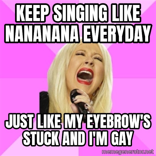 Wrong Lyrics Christina meme: keep singing like nananana everyday / just like my eyebrow's stuck and i'm gay