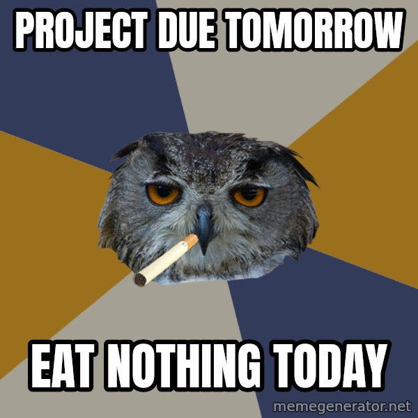 Art Student Owl meme: Project due tomorrow / eat nothing today