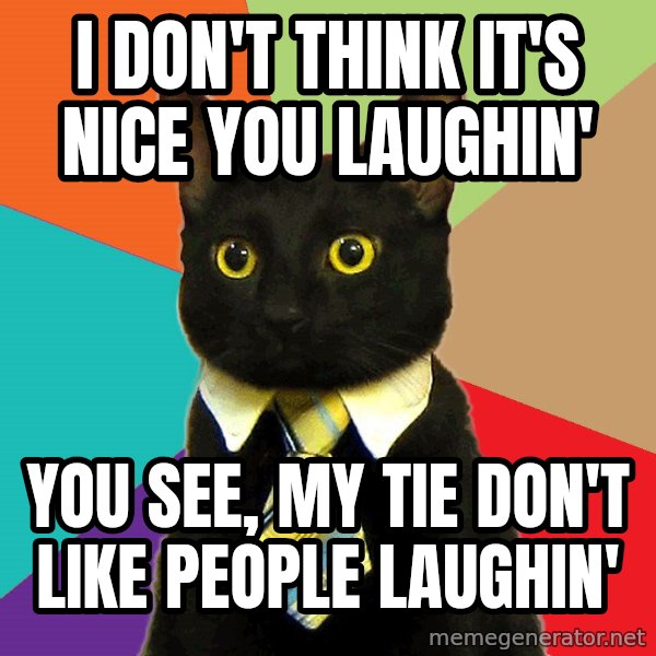 Business Cat meme: i don't think it's nice you laughin' / you see, my tie don't like people laughin'