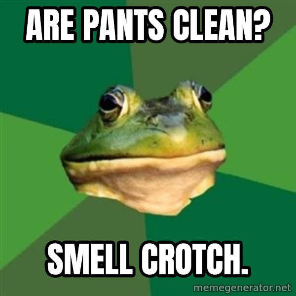 Foul Bachelor Frog meme: are pants clean? / smell crotch.