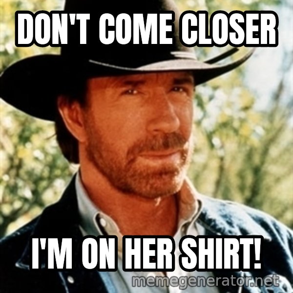 Brutal Chuck Norris meme: Don't come closer / i'm on her shirt!