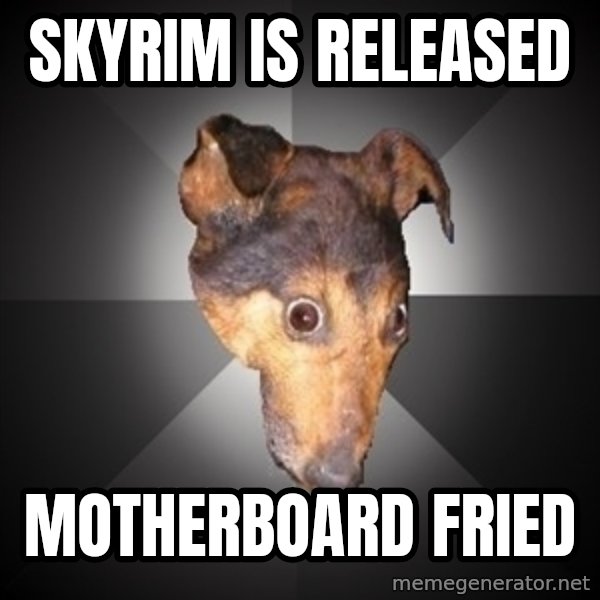 Depression Dog meme: Skyrim is released / Motherboard fried