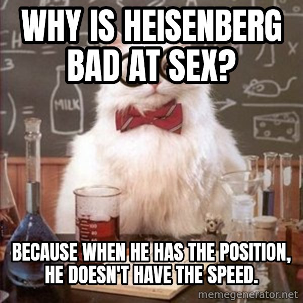 Chemistry Cat meme: why is heisenberg bad at sex? / Because when he has the position, he doesn't have the speed.
