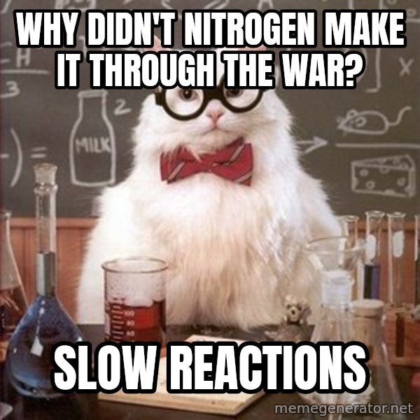 Chemistry Cat meme: Why didn't nitrogen make it through the war? / SLOW REACTIONS