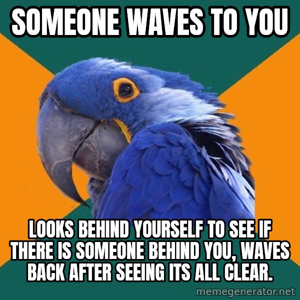 Paranoid Parrot meme: someone waves to you / looks behind yourself to see if there is someone behind you, waves back after seeing its all clear.