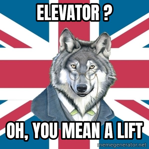 Sir Courage Wolf Esquire meme: elevator ? / oh, you mean a lift