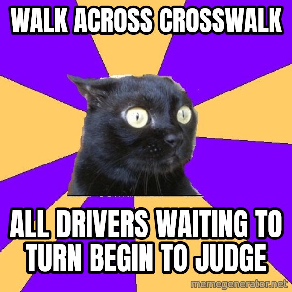 Anxiety Cat meme: walk across crosswalk / all drivers waiting to turn begin to judge