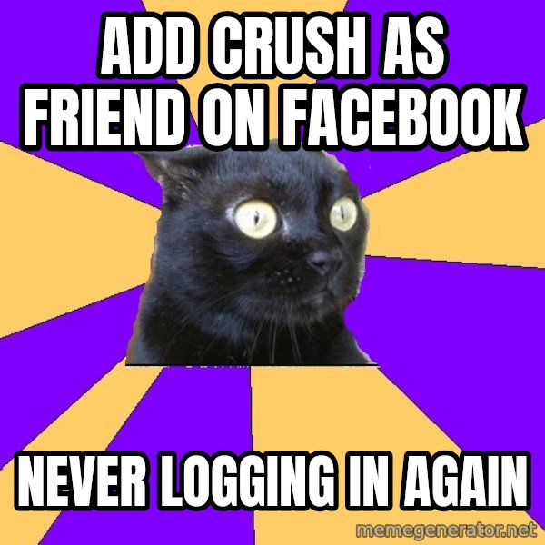 Anxiety Cat meme: Add crush as friend on facebook / never logging in again