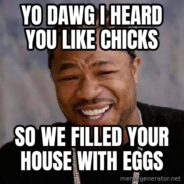 Yo Dawg meme: yo dawg i heard you like chicks / so we filled your house with eggs