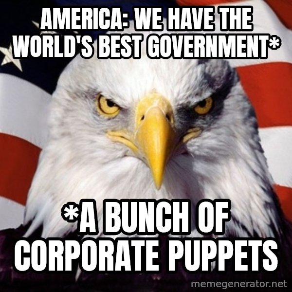 American Pride Eagle meme: America: WE have the world's best government* / *A bunch of corpOrate Puppets