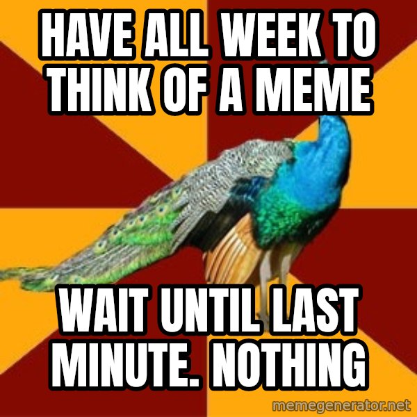 Thespian Peacock meme: HAVE ALL WEEK TO THINK OF A MEME / WAIT UNTIL LAST MINUTE. NOTHING