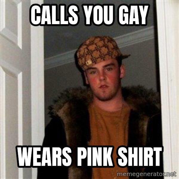 Scumbag Steve meme: calls you gay / wears pink shirt