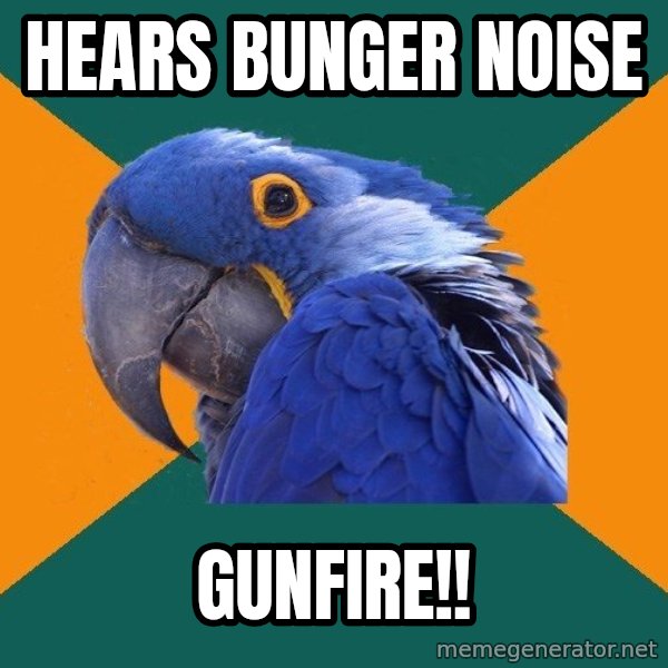 Paranoid Parrot meme: hears bunger noise / gunfire!!