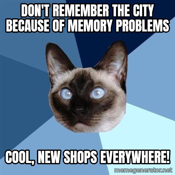 Chronic Illness Cat meme: don't remember the city because of memory problems / cool, new shops everywhere!