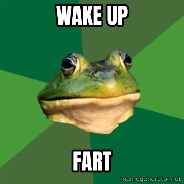 Foul Bachelor Frog meme: wake up / fart