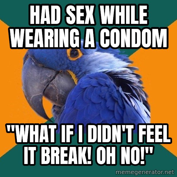 Paranoid Parrot meme: HaD sex while wearing a condom / "What if I didn't feel it break! OH NO!"