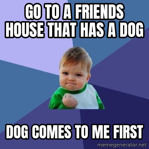 Success Kid meme: go to a FRIENDS house that has a dog / Dog comes to me first