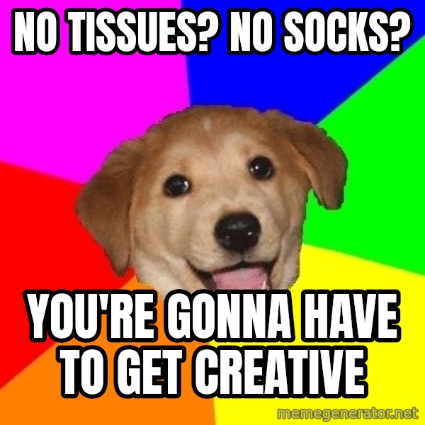 Advice Dog meme: NO TISSUES? NO SOCKS? / YOU'RE GONNA HAVE TO GET CREATIVE