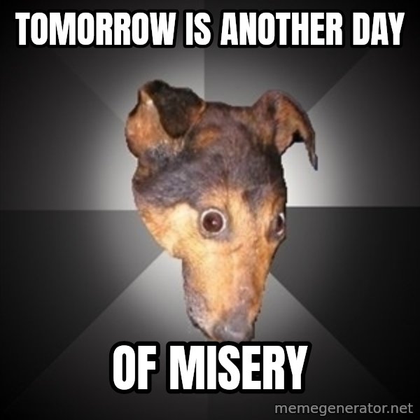 Depression Dog meme: tomorROW is another day / of misery