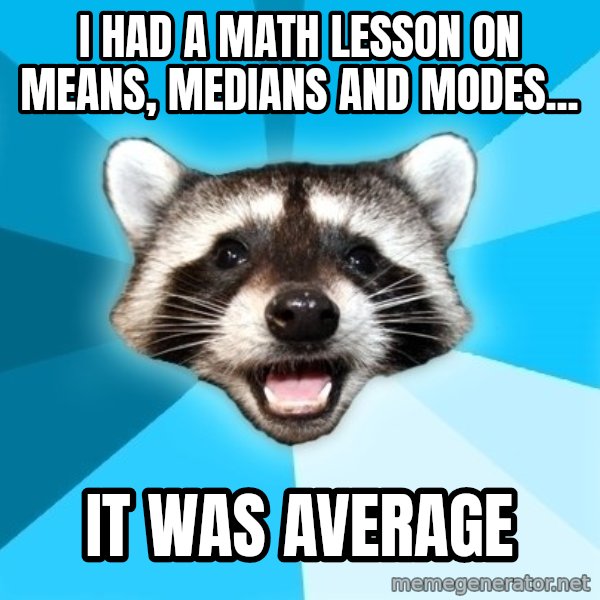 Lame Pun Coon meme: i had a math lesson on means, medians and modes... / it was average