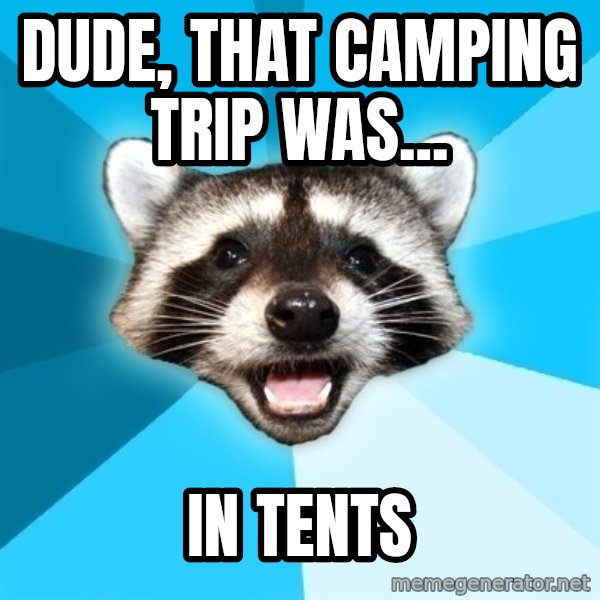 Lame Pun Coon meme: dude, that camping trip was... / in tents