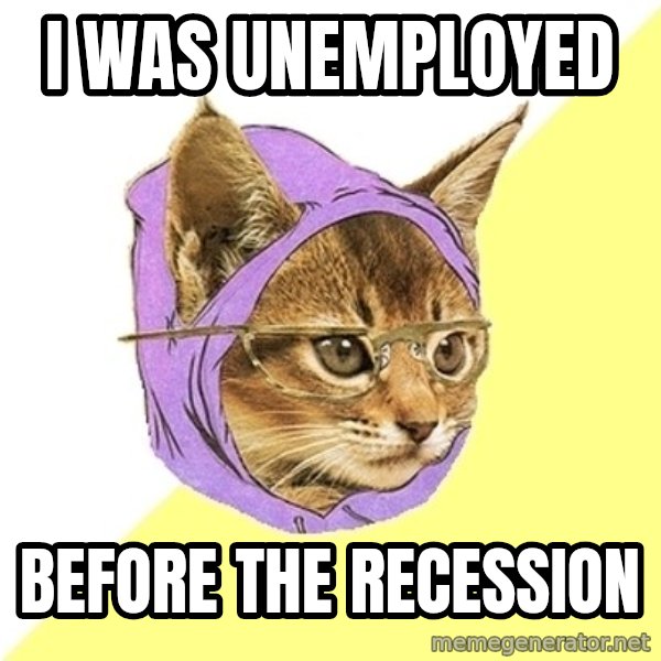 Hipster Kitty meme: I was unemployed / before the recession