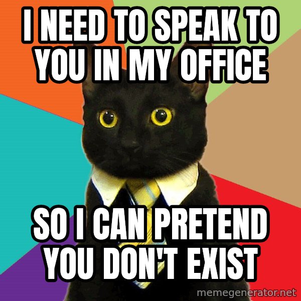 Business Cat meme: I NEED TO SPEAK TO YOU IN MY OFFICE / SO I CAN PRETEND YOU DON'T EXIST